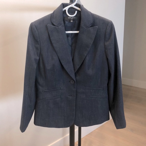 Womens sz 2 fitted denim suit blazer with shoulder pads - Picture 1 of 9